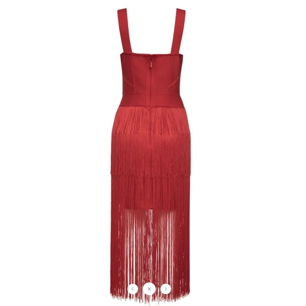 STYLE OF CB Red Midi Bodycon Dress w/ Maxi Length Tiered Fringe, Size XS - Picture 3 of 14